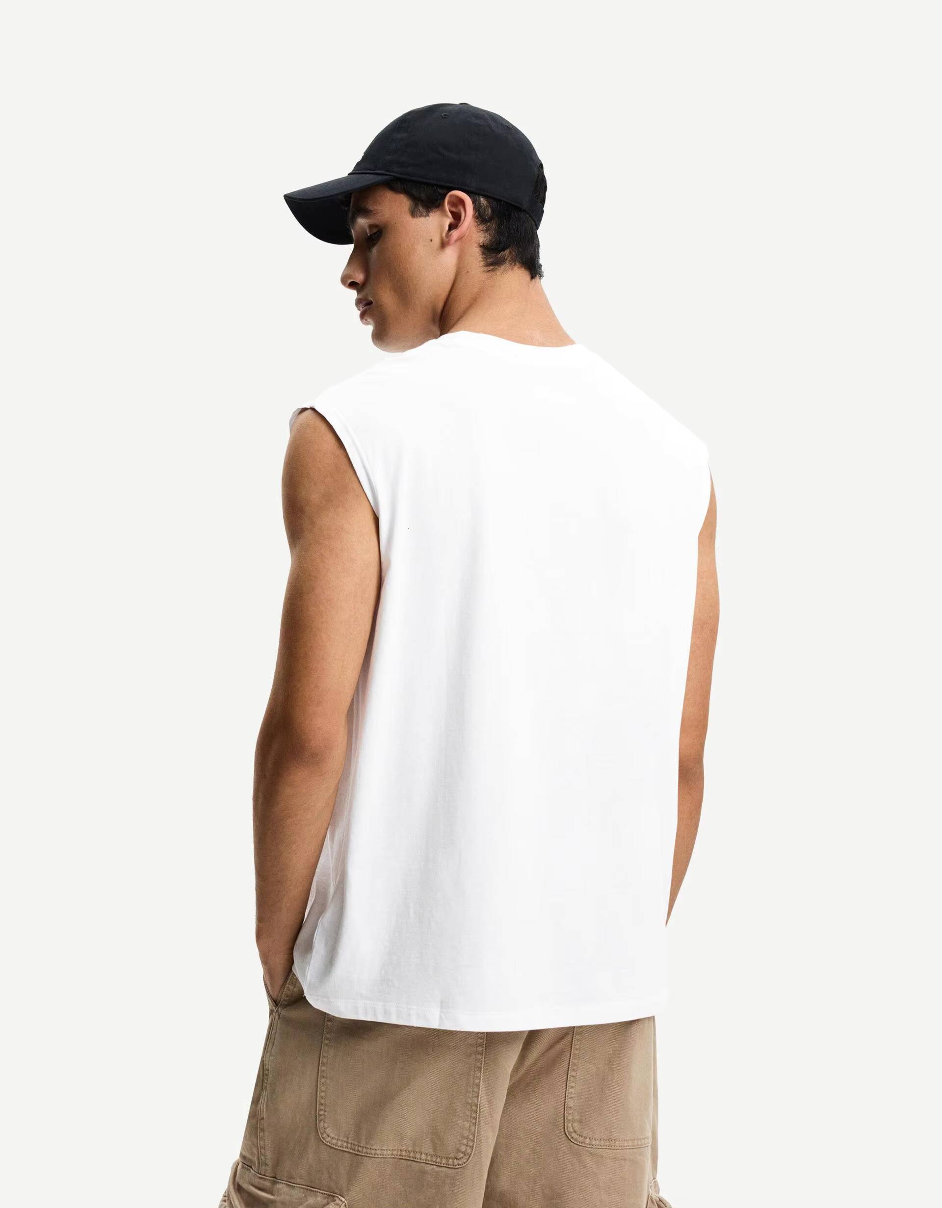 Summer Logo Gym Cut Sports Heavyweight Sleeveless T-Shirt Men's 100% Cotton Solid Black Vest