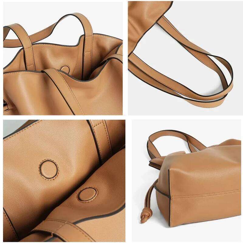 2025 High-End Women's Bucket Lady Unique Drawstring Pleated Shoulder Bag Soft Split Cowhide Leather Cloud Tote Handbag New