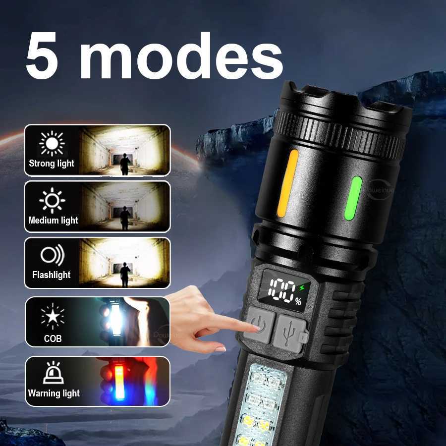 High Strong Power LED Flashlights with COB Light Ultra Bright USB Charging Tactical Torch Zoomable Outdoor Camping Fishing Lamps XJ250529