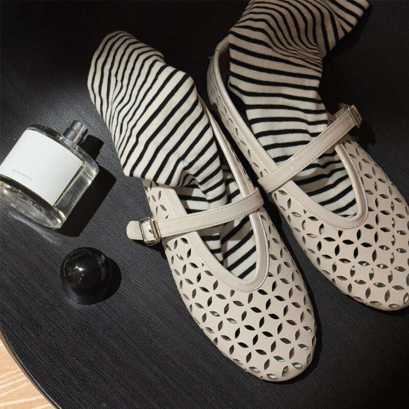 Genuine Leather Hollow Laser Hole One-Strap Flat Ballet Mary Jane Shoes Women's Spring Summer Sandals