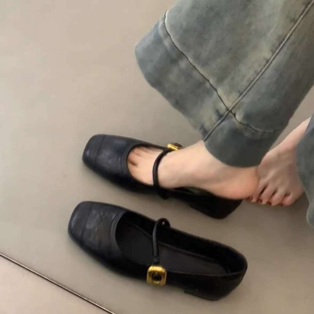 Genuine Small Gold Buckle Soft Sole Flat One-Strap Mary Jane for Women, Autumn Versatile Square Toe Leather Shoes
