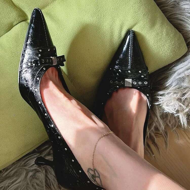 Genuine Leather French Rivet Bow Pointed Toe Shallow Mouth Stiletto Women 2025 New Spring Summer Elegant High Heels