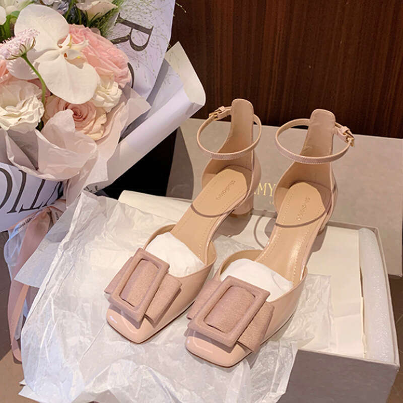 Grape Mom Nice Island Strap Sandals Shallow Mouth Rhinestone Square Buckle Closed Toe Hollow Single Shoes