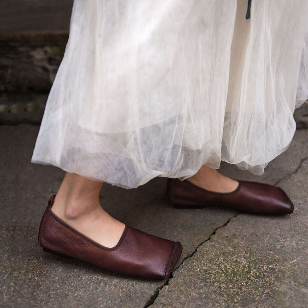 Genuine Leather French Niche Design Square Toe Slip-On Flat Shoes for Women Summer Autumn Comfortable Loafers