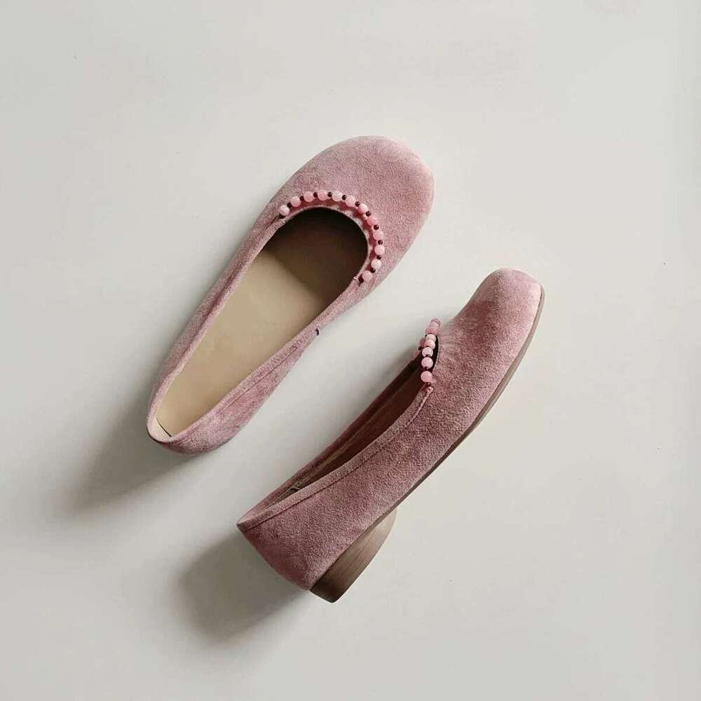 Genuine Leather Beaded Shallow Round Toe Low Heel Single for Women 2025 Spring New Versatile Flat Loafers Women's Shoes