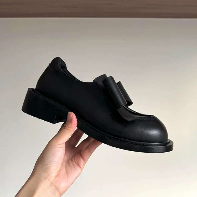 Genuine Leather College Style Bowknot Round Toe Women's Loafers 2025 Spring and Autumn New Thick Heel Platform Shoes