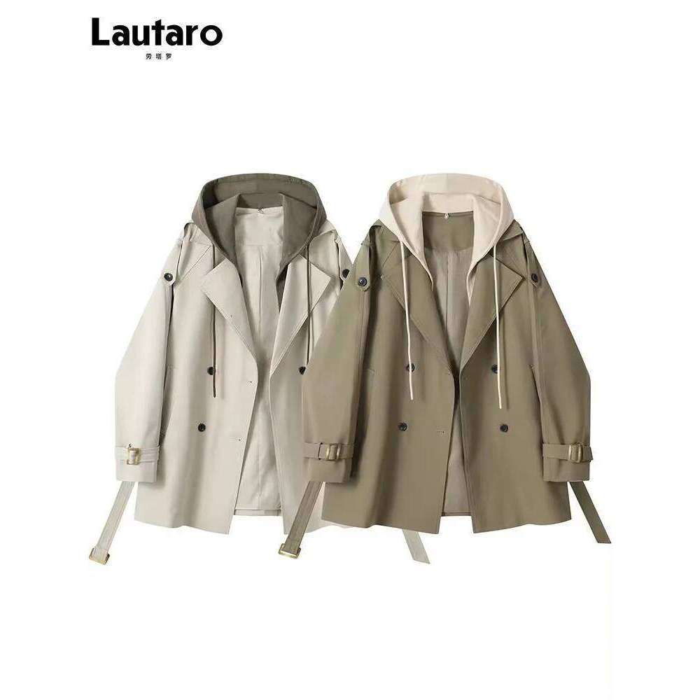 Lautaro Spring Autumn Flowy Casual Trench Coat for Women Belt Double Breasted Loose Designer Fake 2 Pieces Clothes