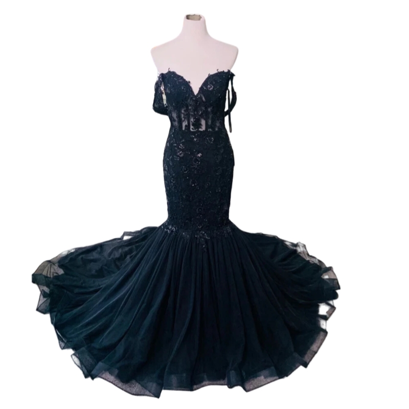Gothic Black Lace Mermaid Wedding Dresses Spaghetti Off Shoulder Long Bridal Gown Tulle Boho Beach Vestido De Novia Court Train 2025