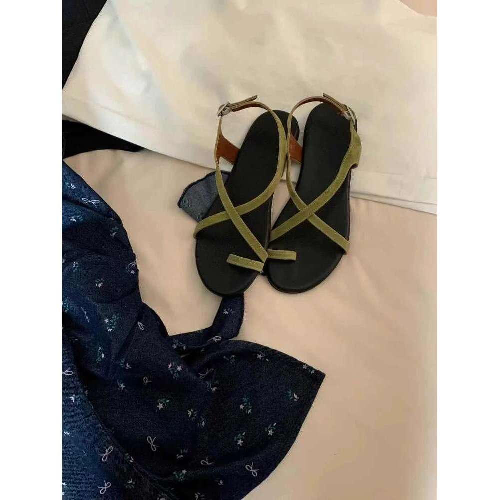 Cowhide Version ~ Korean INS Style Round Cross Strap Sandals for Women 2025 Summer Toe Clip Flat Roman Shoes