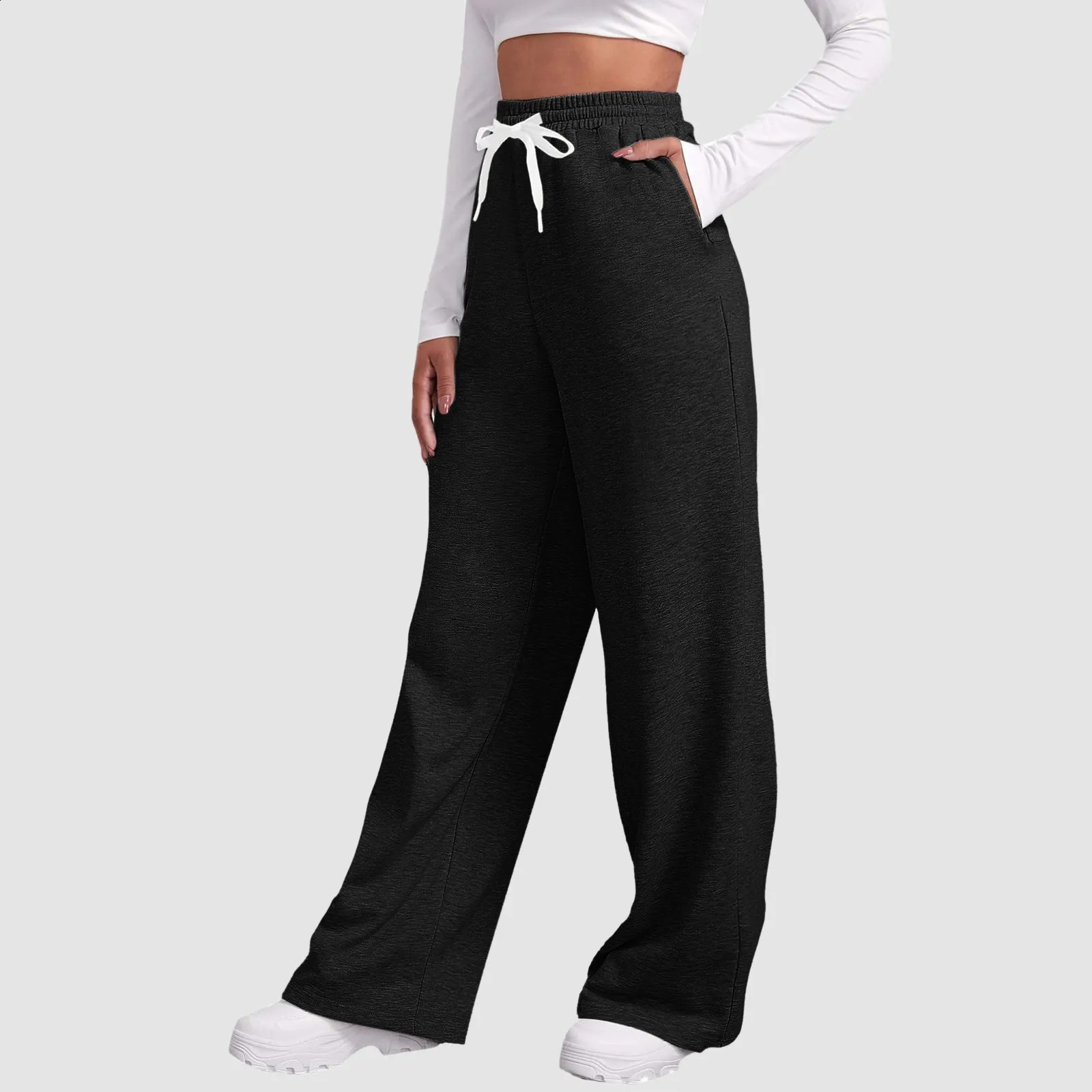 WomenS Fleece Lined Wide Leg Sweatpants High Waisted Drawstring Baggy Cargo Pants Fall Casual Joggers Tracksuit 250529Z
