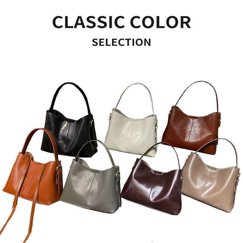 2025 New Lady Large Capacity Women's Crossbody Handbag Top Layer Vegetable Tanned Cowhide Armpit Bucket Bag For Girls