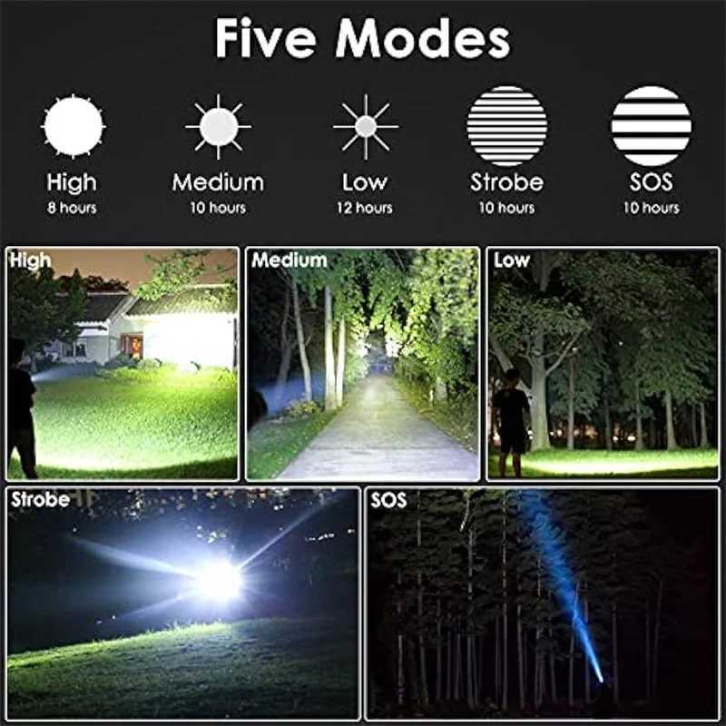 High Power LED Flashlight Telescopic Zoom Portable Rechargeable LED Lamp Emergency Spotlights Camping TorchXJ250529