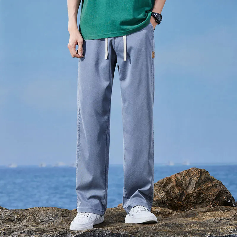 Mens Thin Straight Baggy Jeans Summer Clothes Lyocell Casual Elastic Waist Loose Male Wide Denim Trousers Blue Gray Black 250515