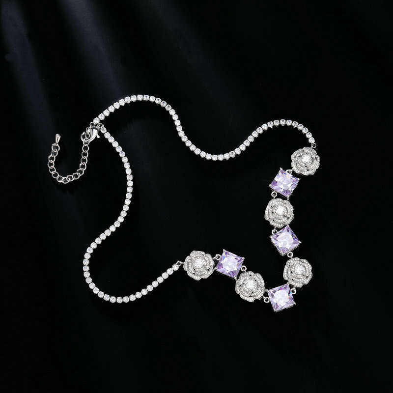 High-end Zircon Camellia Necklace Light Accessories Clavicle Chain Bracelet Earrings Dress Matching Elegant Jewelry Set