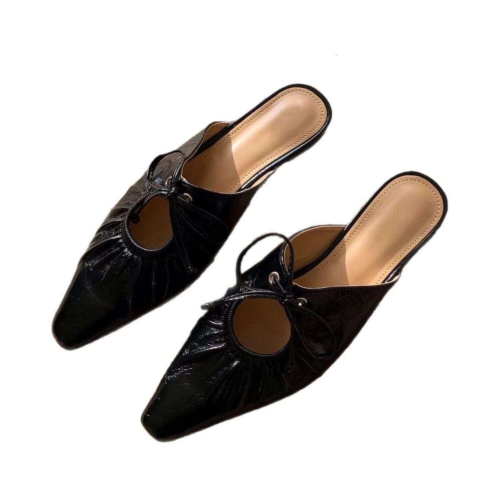 Genuine Leather French Niche Pleated Lace-up for Women 2025 Spring Summer Fashion Pointed Toe Flat Mules