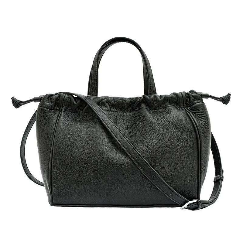 Fashion Hobos 100% Genuine Leather Soft Skin Women String Shoulder Bag Classic Black Elegant Lady Crossbody Purse Tote Handbag