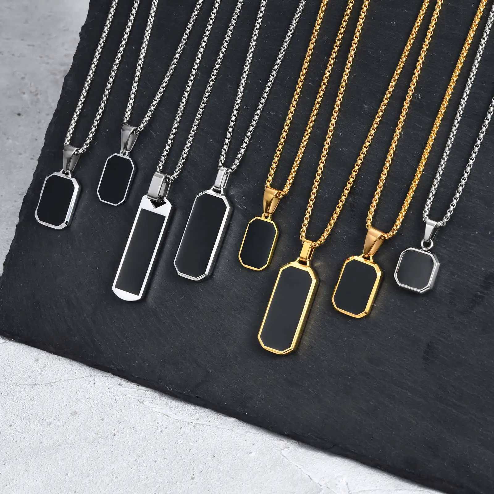 Casual Black Enamel Necklaces for Men Waterproof Stainless Steel Square Pendant Necklace Simple Fashion Male Collar Jewelry GiftXJ250528