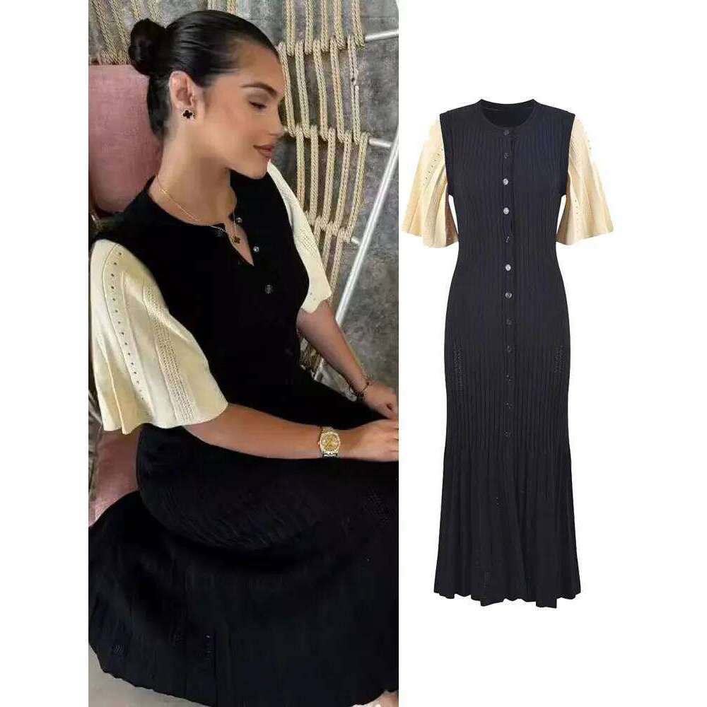 Elegant Knitted Patchwork Midi Dress Women's Short Sleeve High Waist Casual Single-Breasted Curvy Dresses Summer Black Apricot