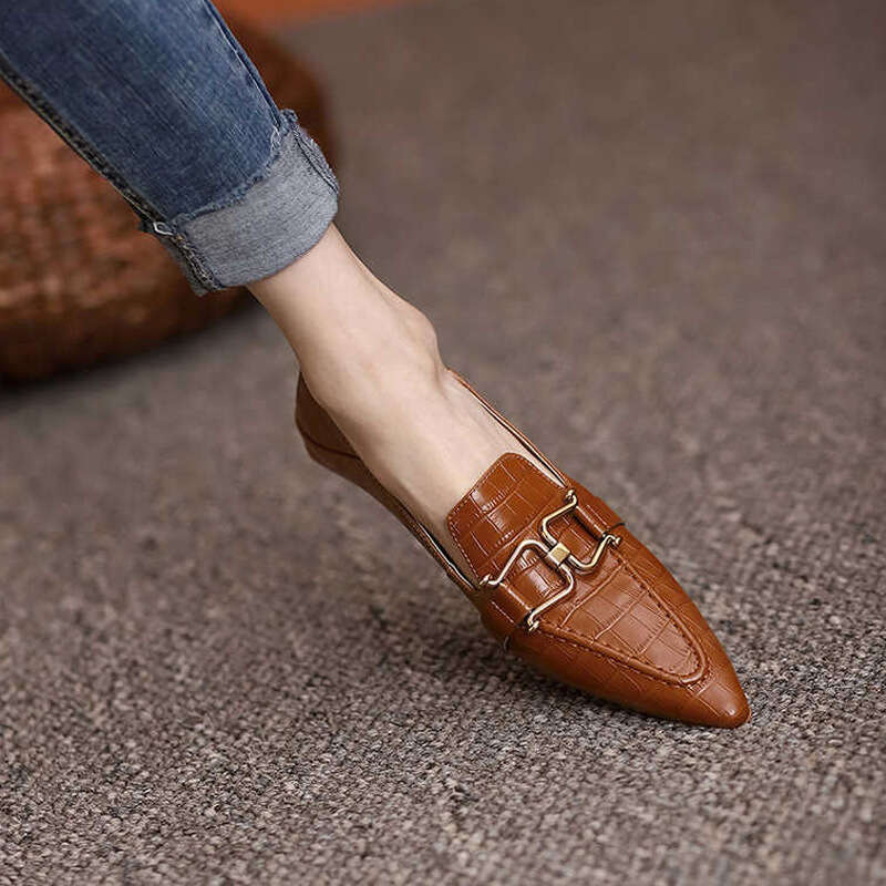 French Style Genuine Loafers Pointed Toe Metal Buckle Flat Small Slip-On Low Heel Mid-Open Soft Leather Single Shoes
