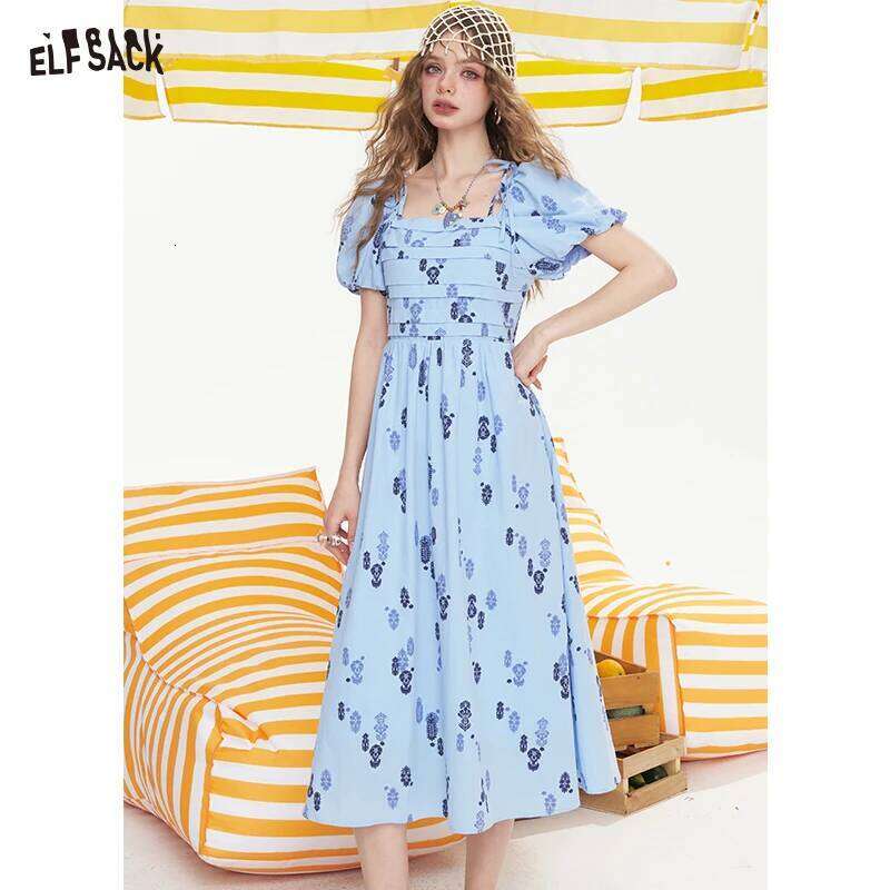 ELFSACK 2025 Summer New Arrivals Square Neck Bubble Sleeve Mid Length Dress For Women