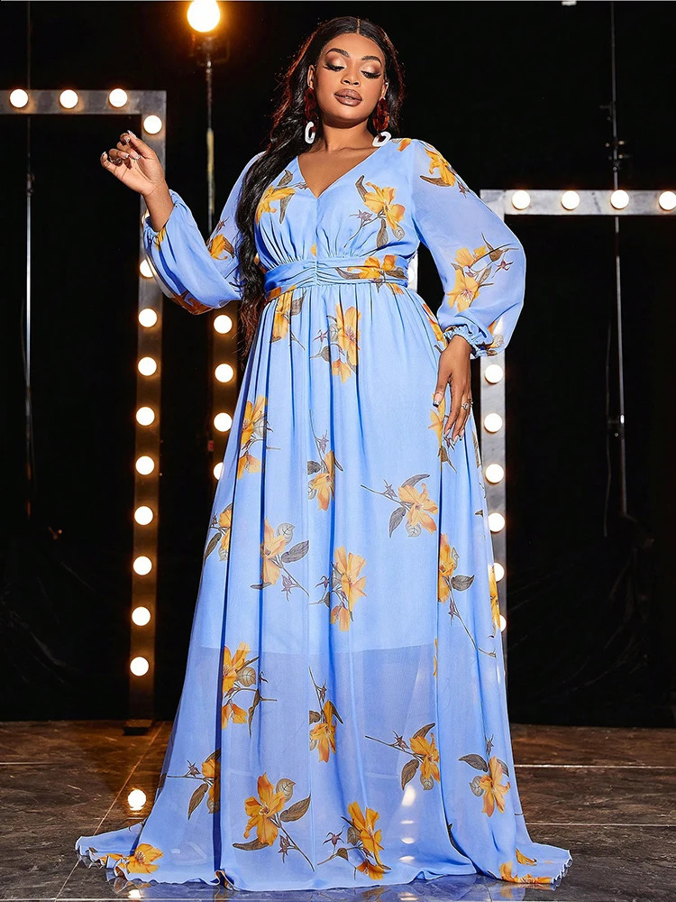 TOLEEN Women Plus Size Maxi Dresses Spring Sexy Backless Blue Evening Gown Lantern Sleeve Chiffon Ball Birthday Party Dress 250517