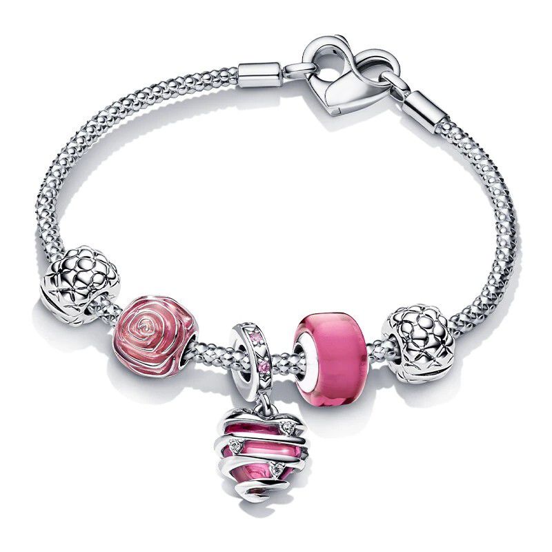 Beautiful Pan S925 Sterling Silver Bracelet Snake Bone Chain Pink Love You Bracelet Set Pink Love Light Luxury Love Gift