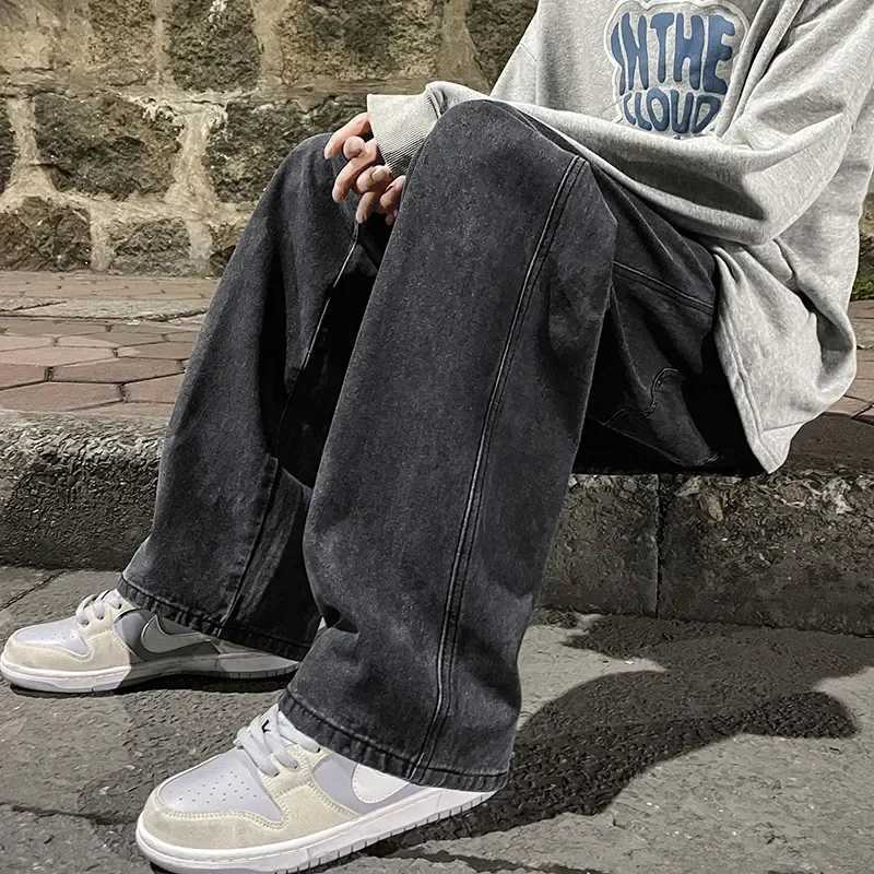2024 New Mens Jeans Korean Casual Pants High Strt Straight dent Loose Wide Black Grey Blue Baggy Denim PantsC250529