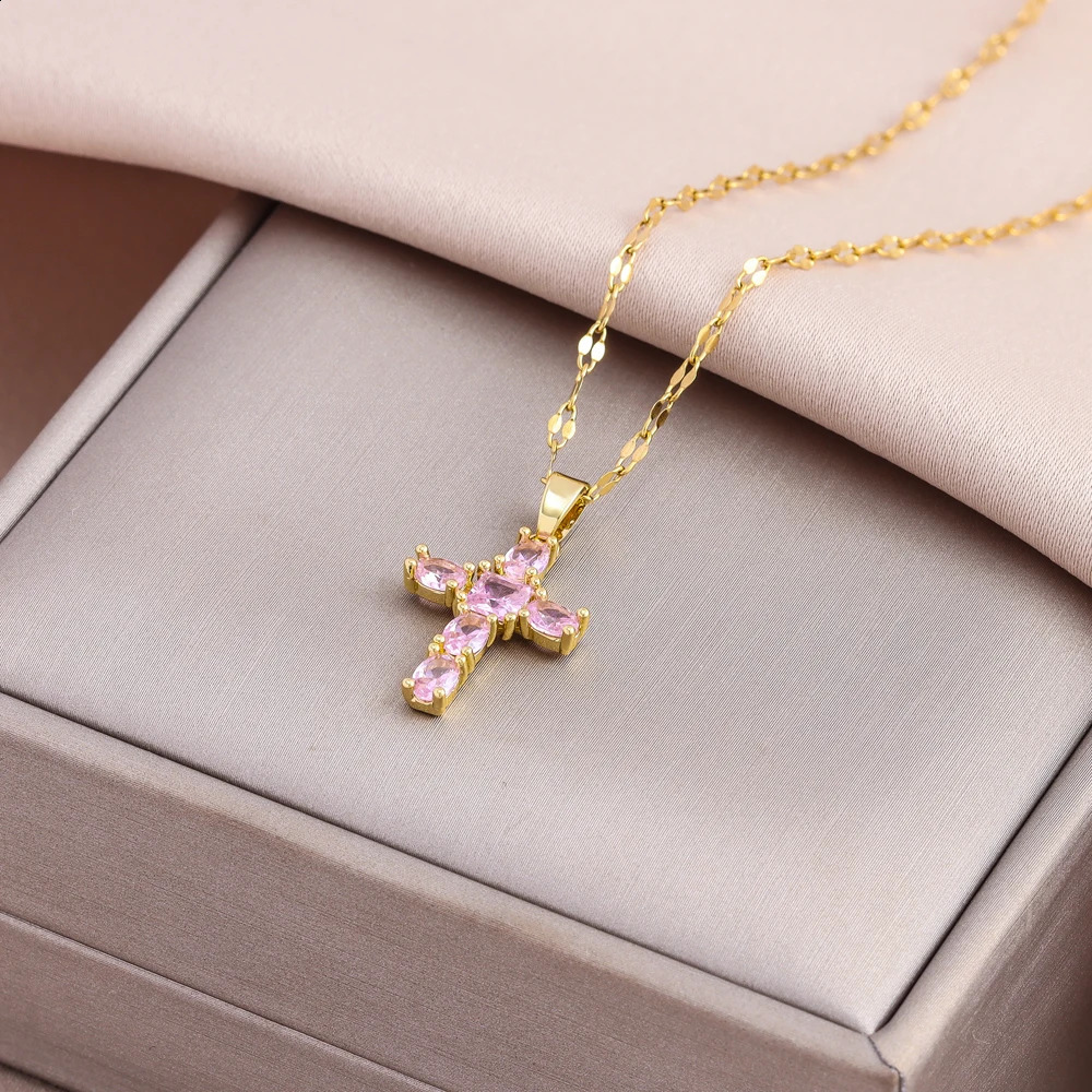 Super Sparkly Zircon Crystal Cross Pendant Necklaces For Women Trendy Female Stainless Steel Neck Chain Jewelry Wholesale 250519