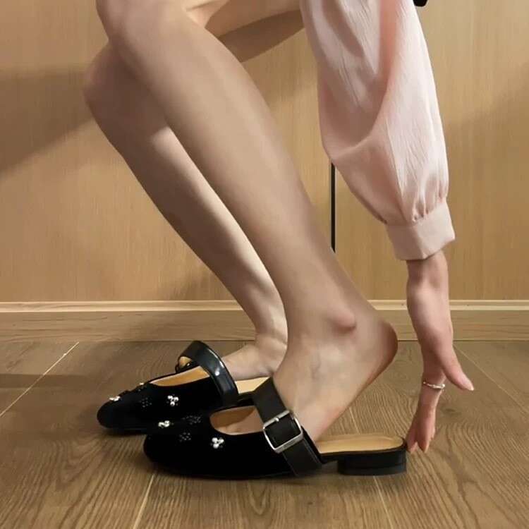 Genuine Leather Velvet Korean Style Round Toe for Women Outdoor 2025 Spring Summer Versatile Mary Jane Mules Sandals