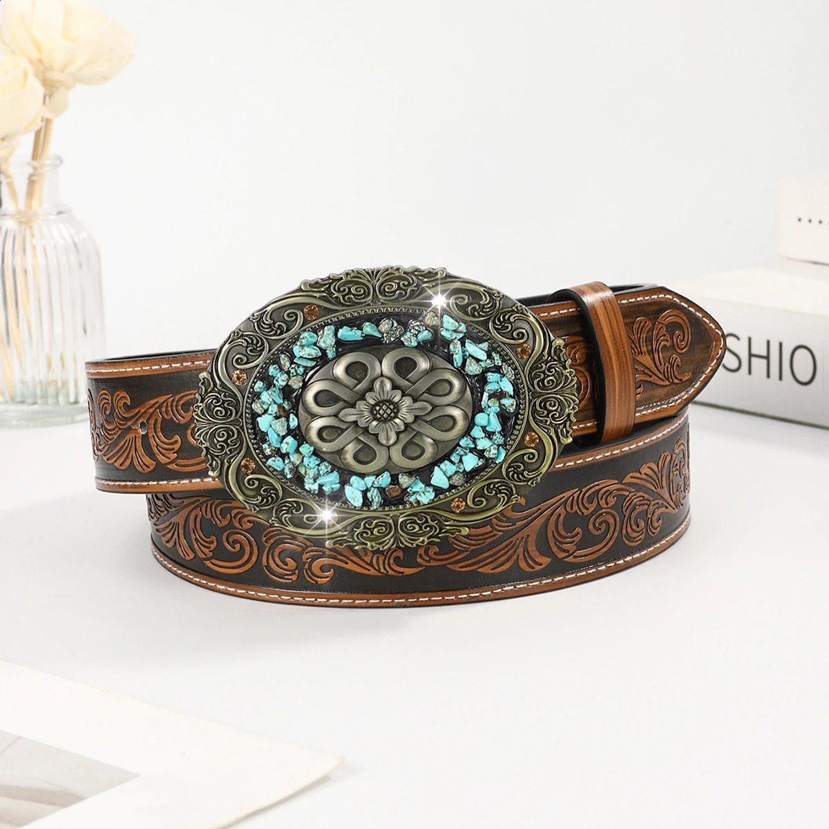 Vintage Turquoise Buckle Belt Classic Embossed Western Faux Leather Belt Vintage Denim Cowgirl Jeans Pants Belt for Women Daily 250521