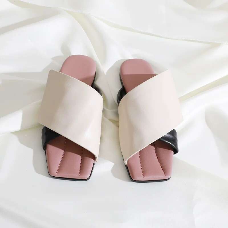 Sheepskin Version ~ Korean Style Color-Block Hook and Loop Flat Sandals for Women Outdoor Wear 2025 Summer New Fashionable Slippers
