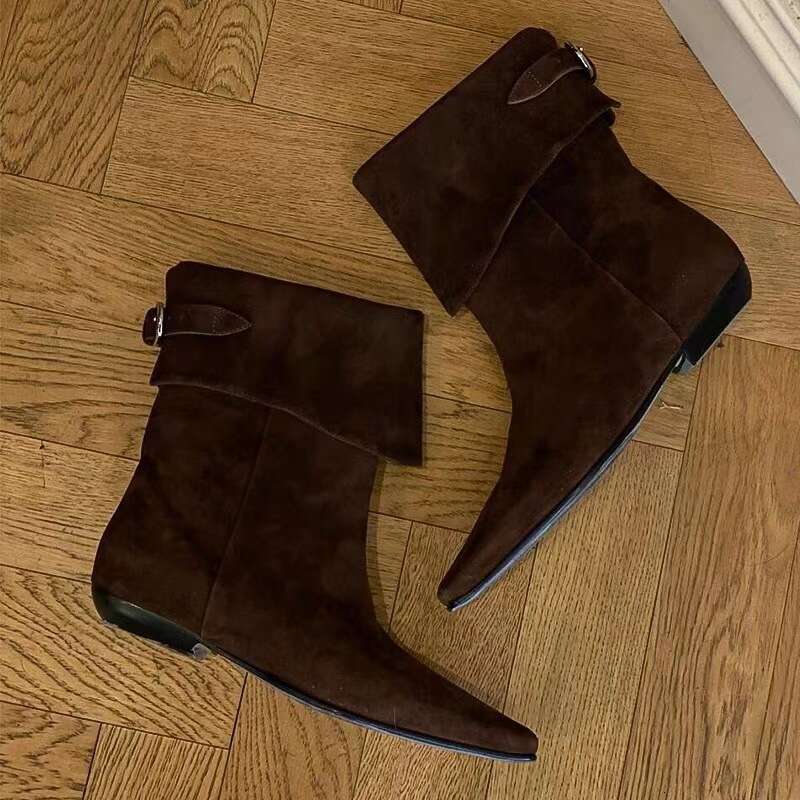 Korean Style Niche Folded Chelsea Slim Short for Women Autumn Winter Fleece Lined Flat Small Square Toe Western Cowboy Boots