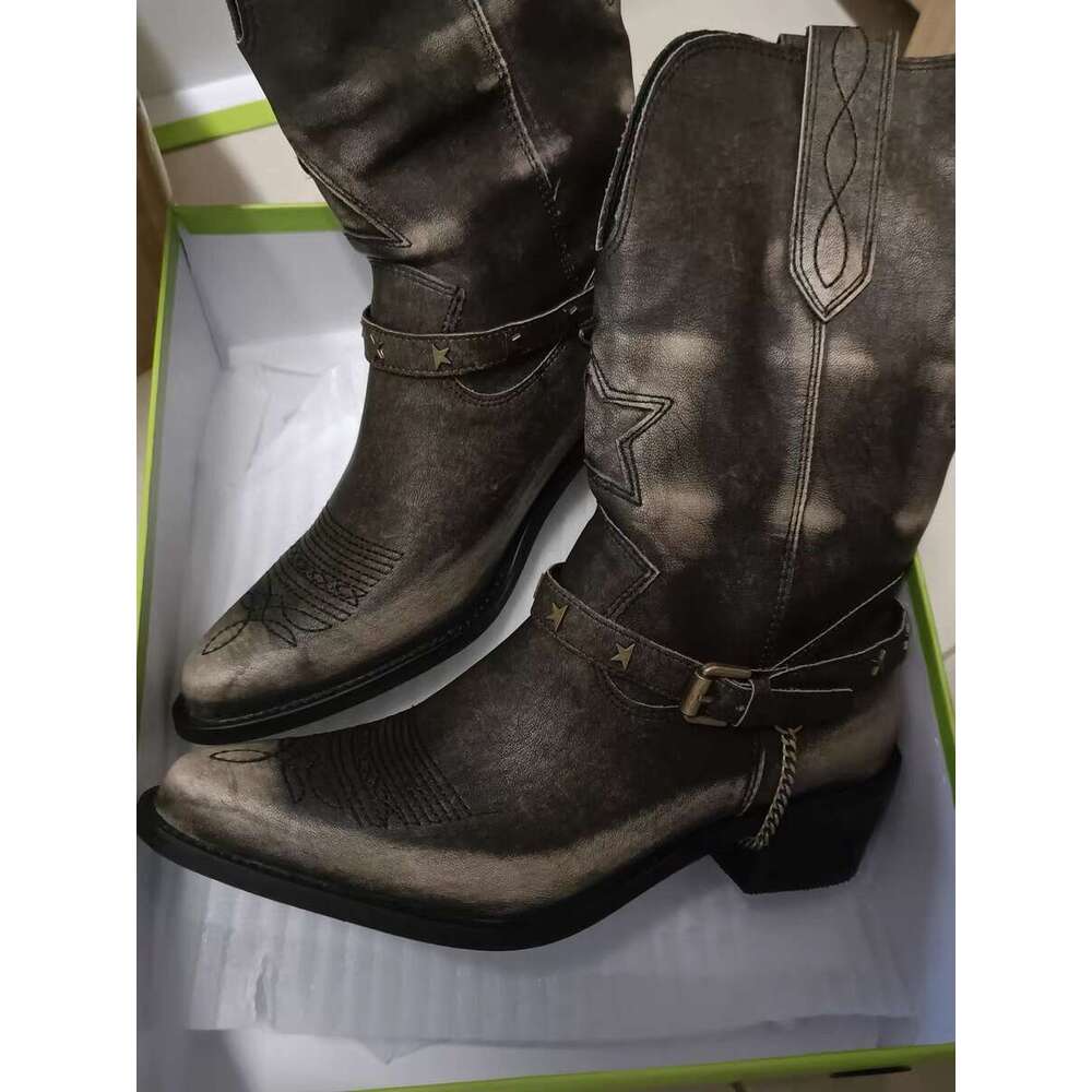 Genuine Leather Distressed Western Cowboy for Women, Chunky Heel, Pointed Toe, V-Cut, Pull-On, Belt, Mid-Calf, Martin Boots, Short Boots