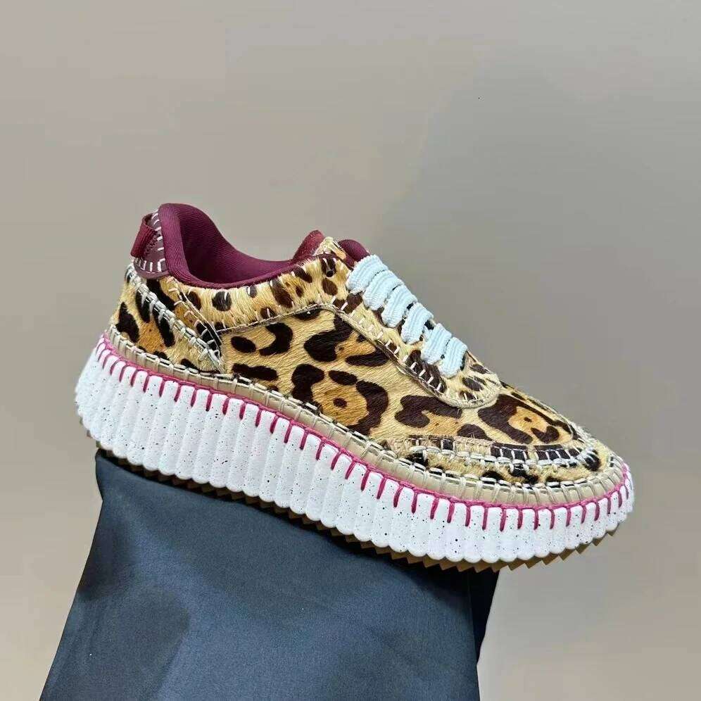 New Spring Autumn Round Toe Women Shoes Thick Bottom Genuine Leather Lace-Up Casual Flats Leopard Tennis Sneakers