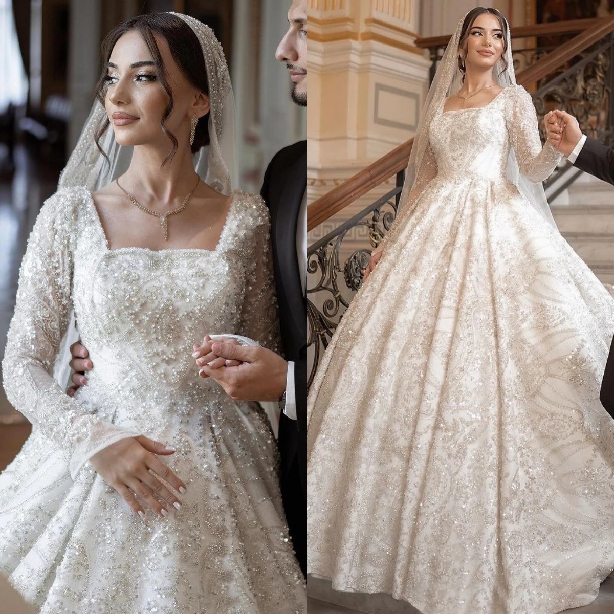 Gorgeous Wedding Dress Sequins Square Neck Bridal Ball Gowns Pearls Beading Long Sleeves Sweep Train Lace Up Customized Vestidos De Novia Plus Size
