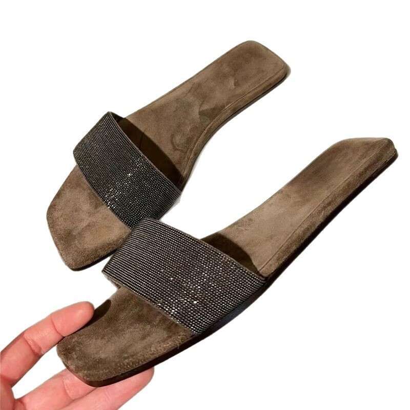 Sheepskin Version ~ French Niche Rhinestone Square Open Toe Slip-On Sandals for Women Outdoor 2025 Summer Vacation Cool Slippers