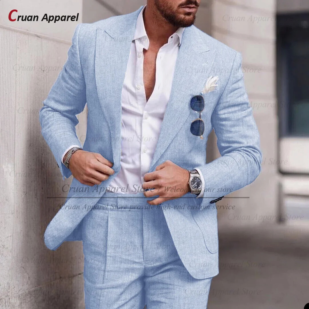 Fashion Sky Blue Linen Suit Set For Male Casual Party Fashion Blazer Pants 2Pieces Wedding Groomsman Formal Peaked Lapel Outfits 250522