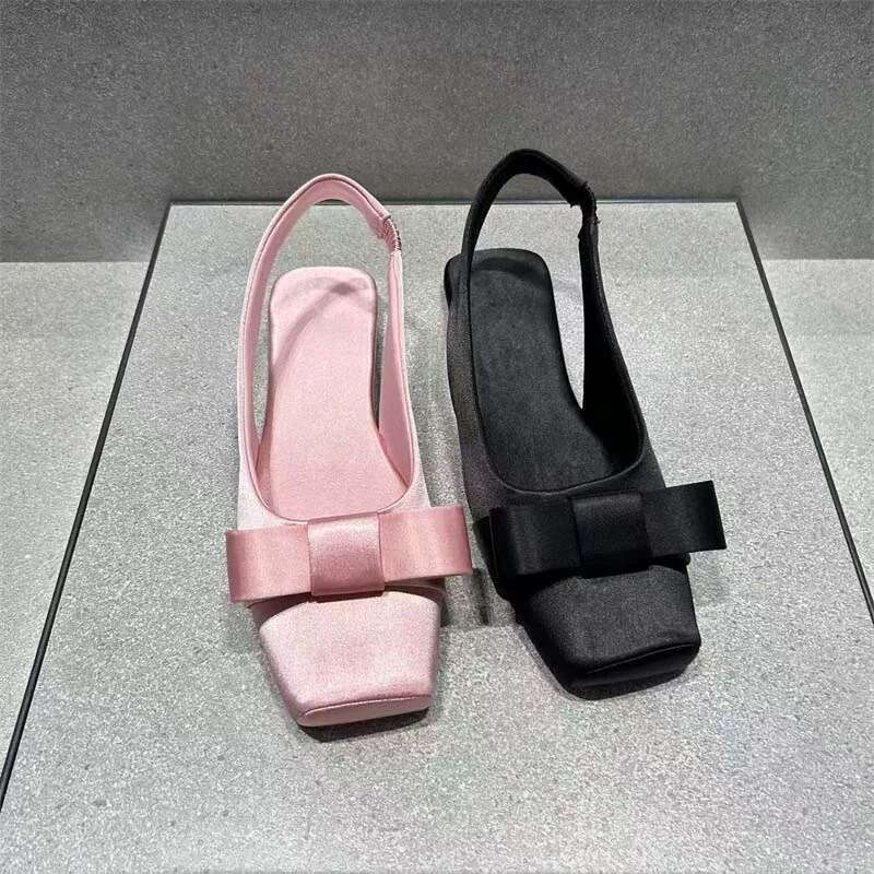 Genuine Leather Satin French Square Bow Flat Back Strap Closed Toe Sandals for Women 2025 New Spring Summer Single Shoes