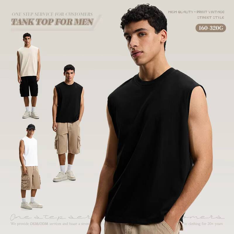 Summer Logo Gym Cut Sports Heavyweight Sleeveless T-Shirt Men's 100% Cotton Solid Black Vest