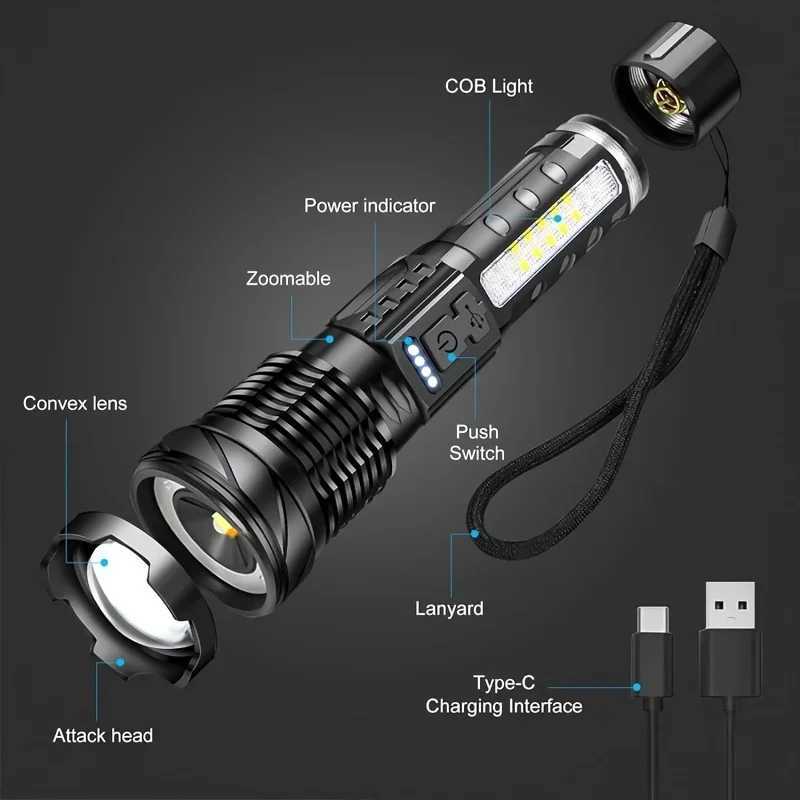 XPHP50 LED Tactical Powerful Flashlight Zoomable Waterproof COB Side Light Camping Torch 7 Modes USB Rechargeable Flash Lights XJ250529