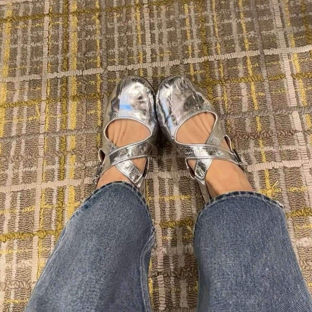 Genuine Leather Niche Silver Fashion Ballet Flats Round Toe Shallow Mouth Cross Strap Mary Jane Shoes for Women Summer Autumn