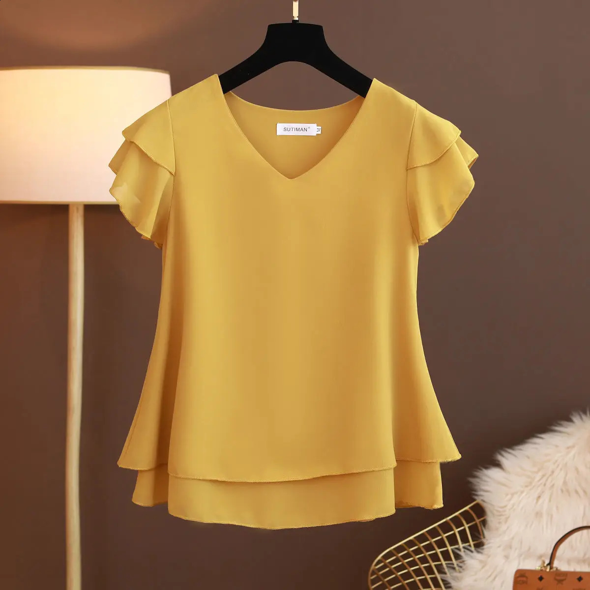 2025 Summer Women Blouse Loose VNeck Chiffon Shirt Female Short Sleeve Blouse Oversized Shirts womens tops and blouses Top 250529Z