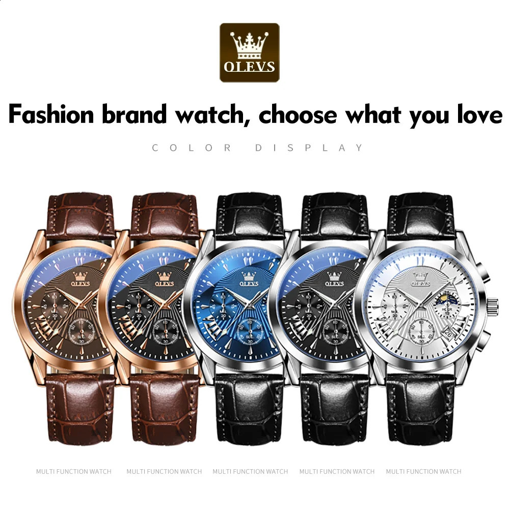 OLEVS Original Mens Watches High Quality Waterproof Quartz Watch for Men Fashion Leather Strap Man Wristwatch 250603