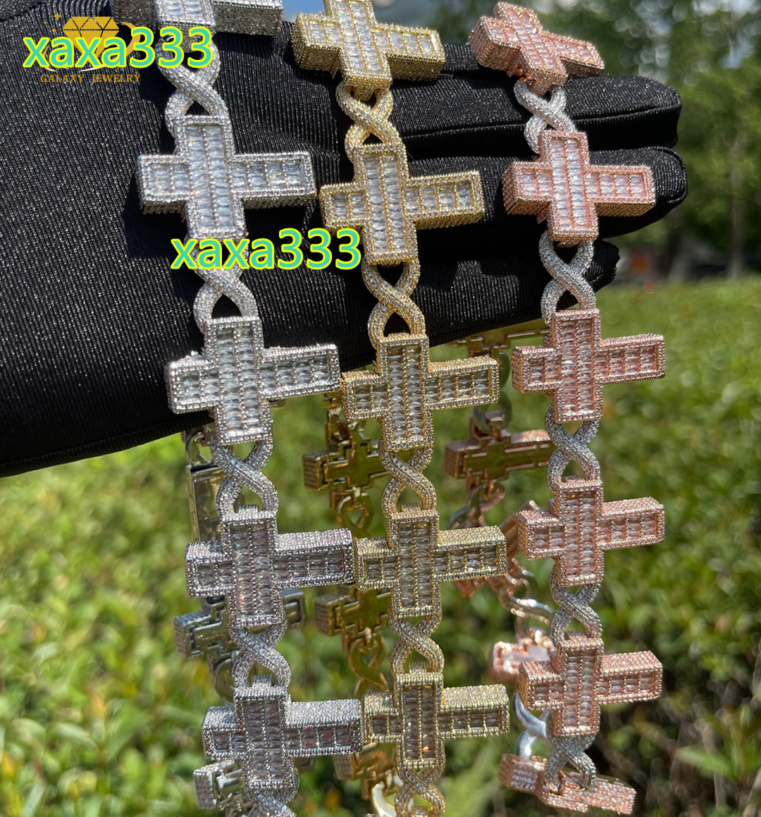 Hip Hop Iced Out 20mm Certified Chains Colorless Moissanite Diamond Bracelet Baguette Cross Infinity Cuban Link Chain Necklace