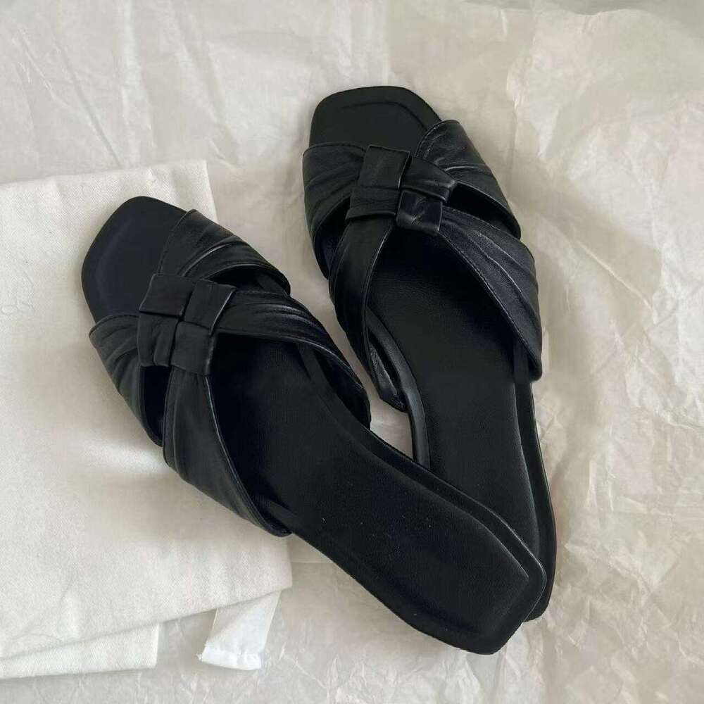 Genuine Leather Korean Style Row Flat Sandals for Women Outdoor 2025 New Summer Beach Cross Woven Slippers