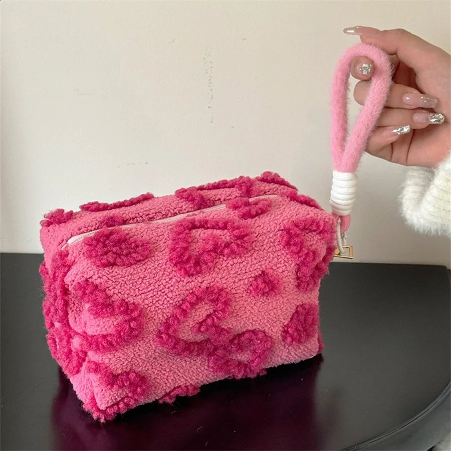 Plush Makeup Bags with Handle Soft Travel Cosmetic Storage Bag Portable Love Print Organizer Pencil Case Cute Clutch Pouch 250528