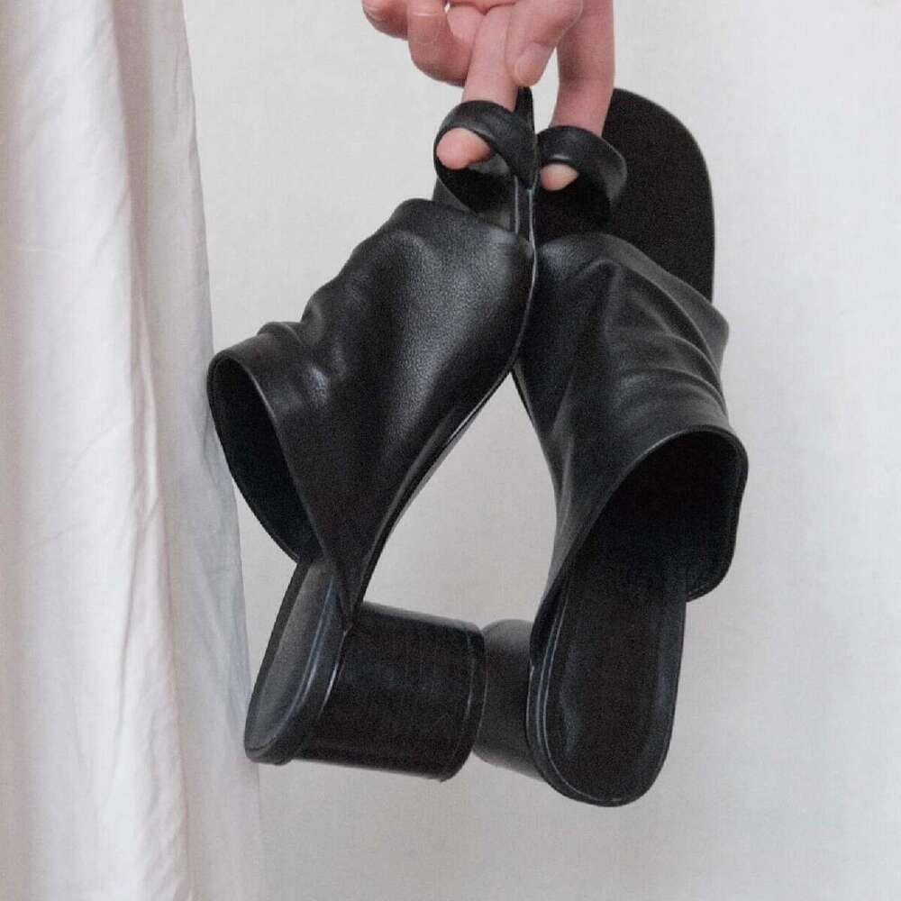 Genuine Leather Korean Style 2024 Summer New Square Toe Folded High Chunky Heel Sandals for Women Fashionable Outdoor Slippers