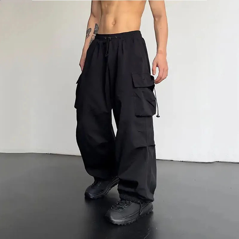American High Street Summer Loose Straight Parachute Pants Men Solid Elastic Waist Pocket Casual Motion Wide Leg Cargo Trousers 250527