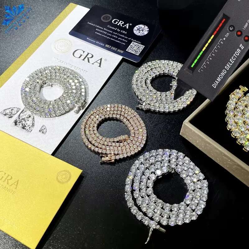FANCY JEW D VVS1 Diamond Long Chain 925 Sterling Silver Plated K Gold GRA Moissanite Tennis Necklace for Hip Hop Men