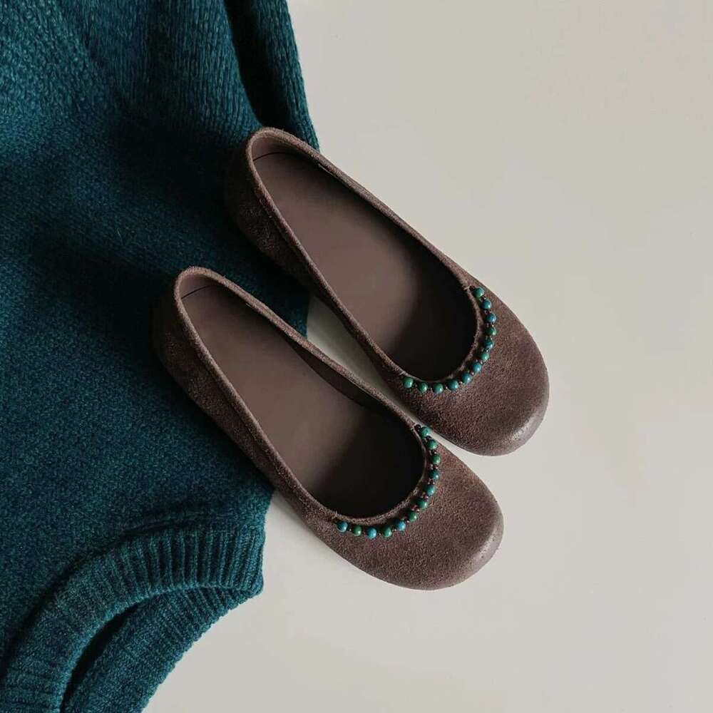 Genuine Leather Beaded Shallow Round Toe Low Heel Single for Women 2025 Spring New Versatile Flat Loafers Women's Shoes